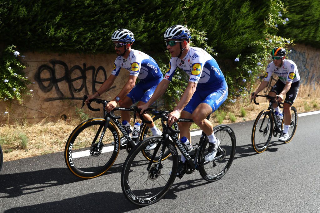 NICE FRANCE AUGUST 27 Julian Alaphilippe of France Michael Morkov of Denmark and Team Deceuninck QuickStep during the Team Deceuninck QuickStep Training TDF2020 LeTour on August 27 2020 in Nice France Photo by Michael SteeleGetty Images