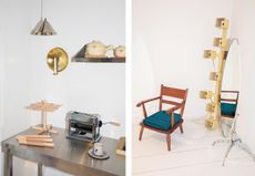 Left, a kitchen top with a pasta maker and wooden fresh pasta drying rack, on the shelves are white ceramic pots and hanging is a silver cone-shaped lamp. Right, a wooden chair with blue upholstery and an oval freestanding mirror