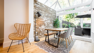 Dining area with pine floor boards