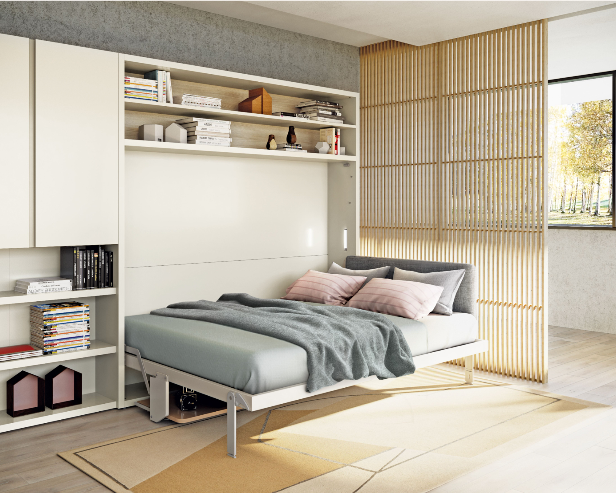 Fold-down bed in modern bedroom office, with wood room divider and modern fittings.