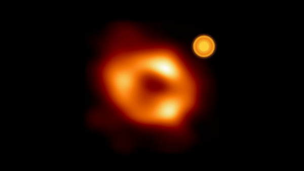 The orbit of the newly discovered rapid hot spot around Sagittarius A* superimposed on top of the first image of the supermassive black hole captured by the Event Horizon Telescope (EHT) collaboration.