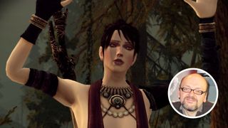 Morrigan from Dragon Age next to a headshot of David Gaider