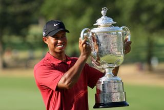 Tiger Woods holds the Wanamaker Trophy after winning the 2007 PGA Championship