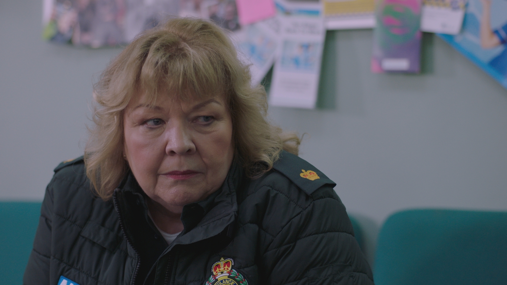 Jan Jenning sitting down in the paramedic's staffroom looking glum.