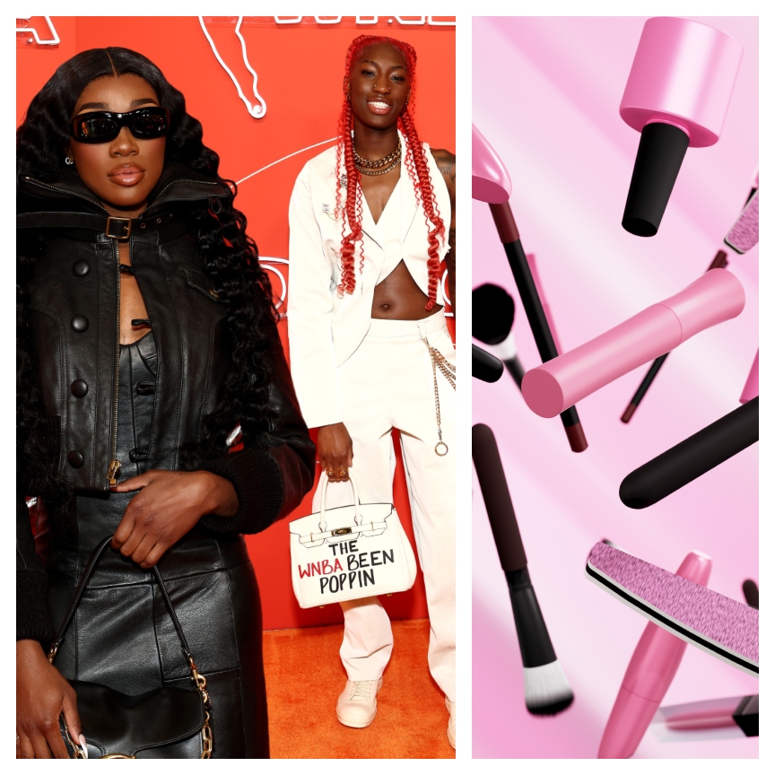 wnba players on orange red carpet and pink beauty products