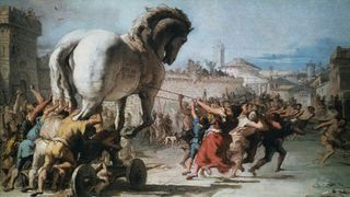 An illustration of the people of Troy bringing in the Trojan horse, which was filled with their Greek enemies, as told in Homer's "The Iliad."