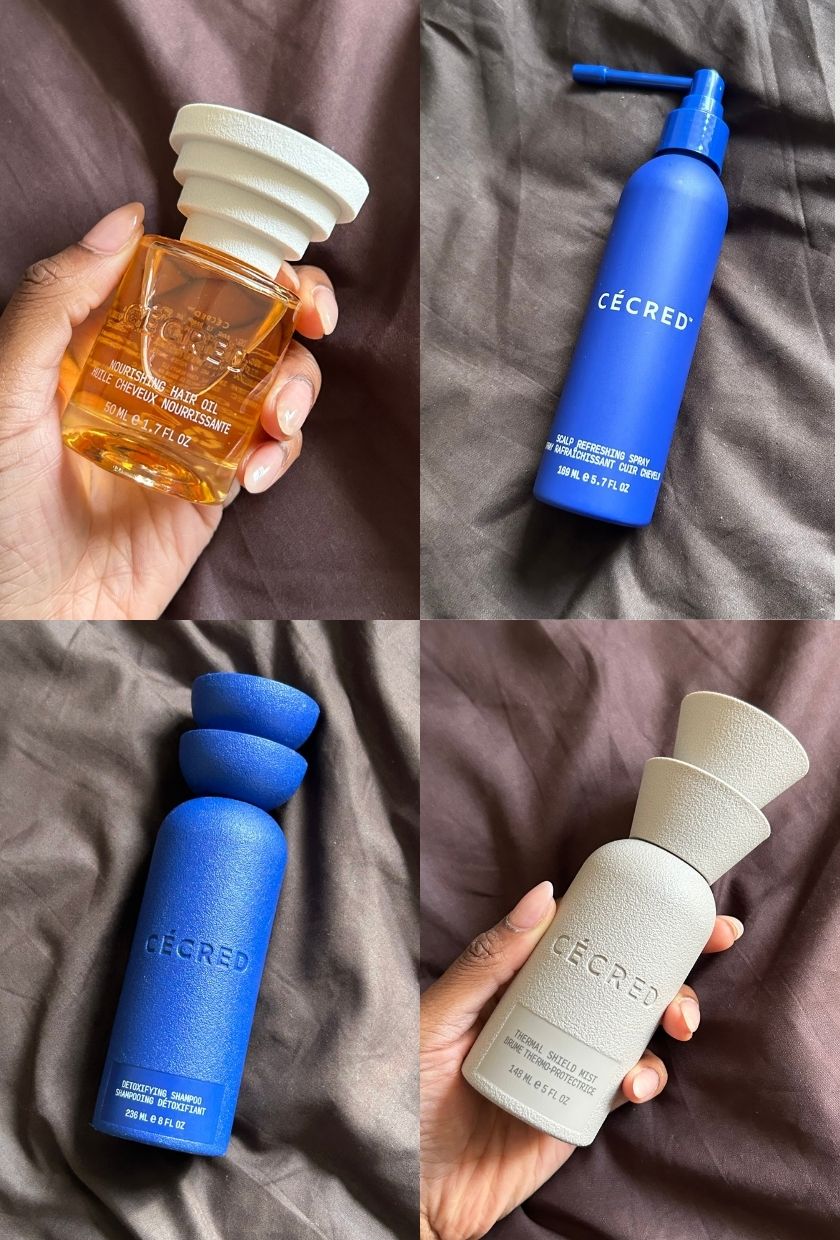 Close-up shots of C&eacute;cred's Nourishing Hair Oil, Scalp Refreshing Spray, Detoxifying Shampoo and Thermal Shield Mist