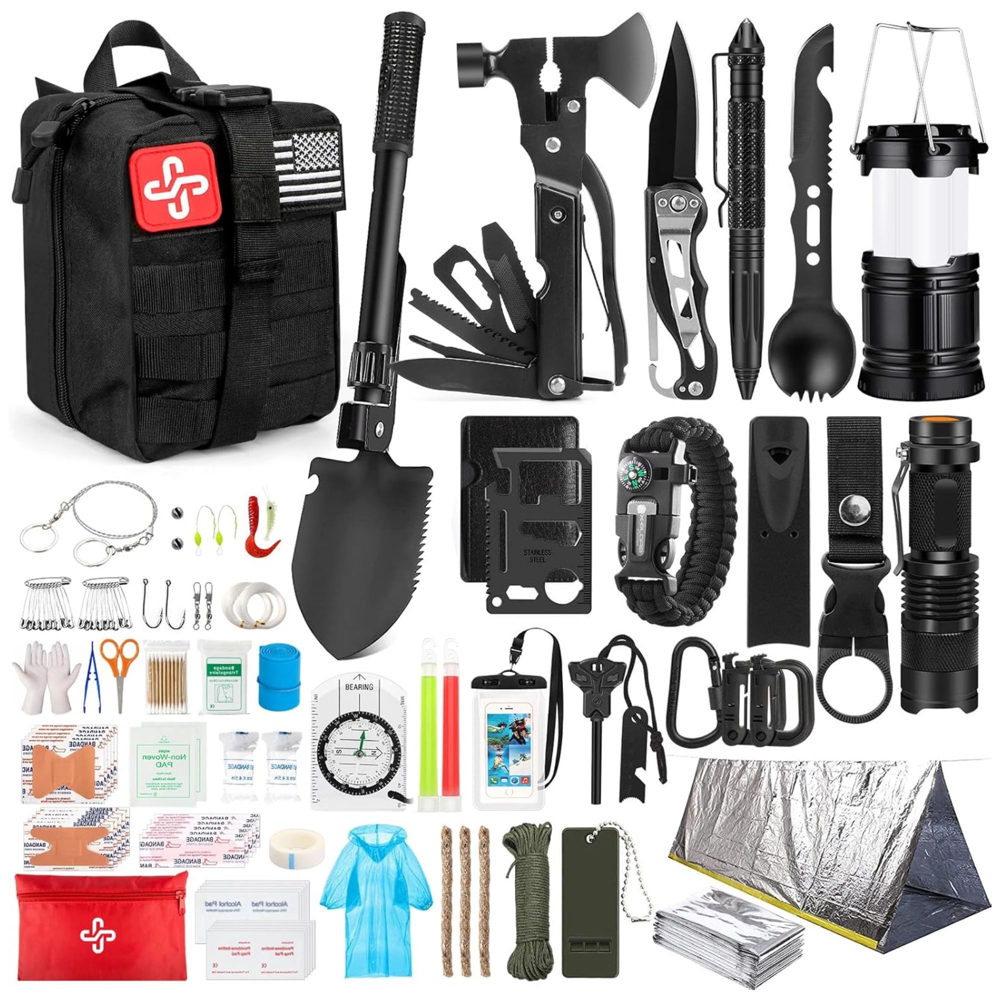 Emergency survival kit flat-lay