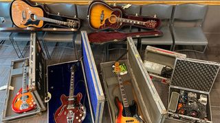 A collection of recovered guitars and effects pedals belonging to The Brian Jonestown Massacre