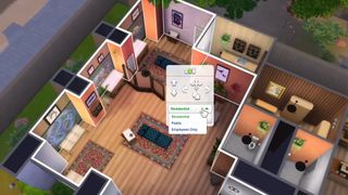 The Sims 4 Businesses & Hobbies - A room selected in build mode with options for residential, public, or employee only access