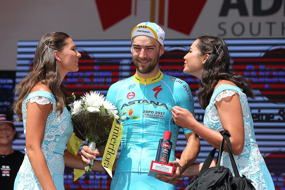 laurens De Vreese on the stage 3 podium at the Tour Down Under.