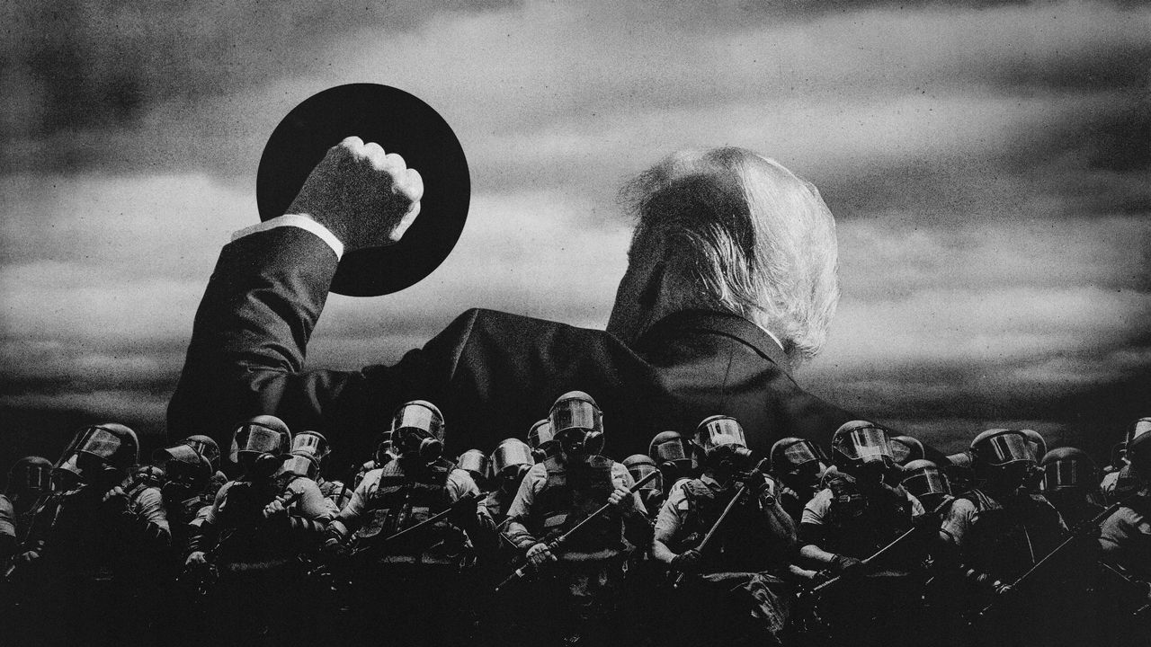 Donald Trump raising his fist alongside a unit of riot police