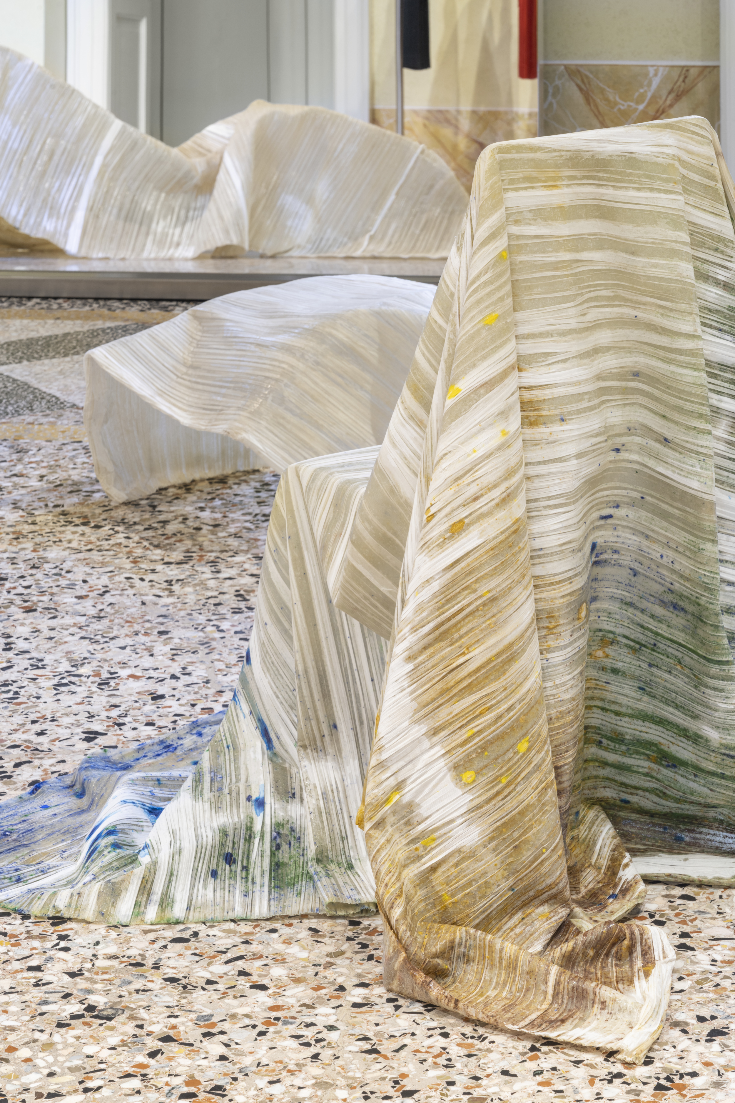 Sculptural paper installation at Issey Miyake store in Milan during Design Week 2026