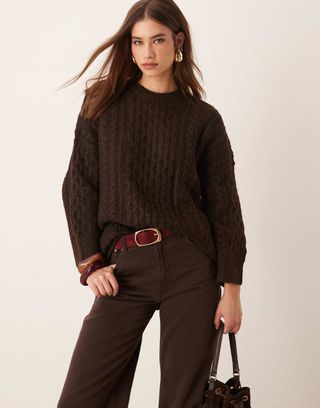 Vila Oversized Cable Knit Jumper in Coffee Bean