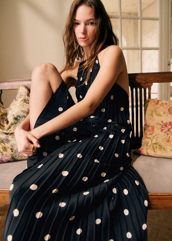 Layla Dress - Ecru Polka Dots on Black - Recycled Polyester - Sézane