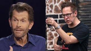 Kevin Conroy appearing on Crisis Aftermath and James Gunn on the set of The Suicide Squad, pictured side by side.