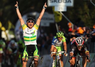 Simon Gerrans reacts as he crosses the finish line to win the 103th Milan San Remo spring classic on March 17, 2012