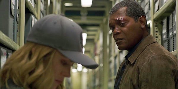 Samuel L. Jackson as young Nick Fury and Brie Larson as Carol Danvers in Captain Marvel