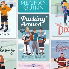 a collage of book covers of hockey romance novels including pucking around thrown for a loop breakaway and more