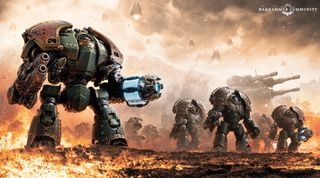 A Saturnine dreadnought with Saturnine terminators from the Horus Heresy tabletop game. 