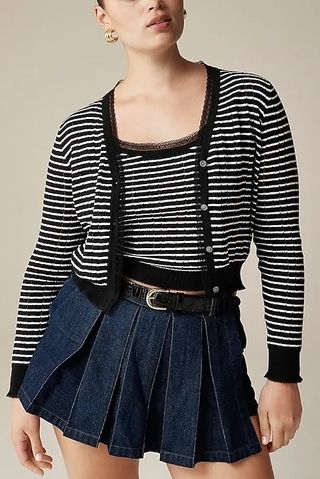 Pointelle V-Neck Cardigan in Striped Premium Ultrafine Cotton