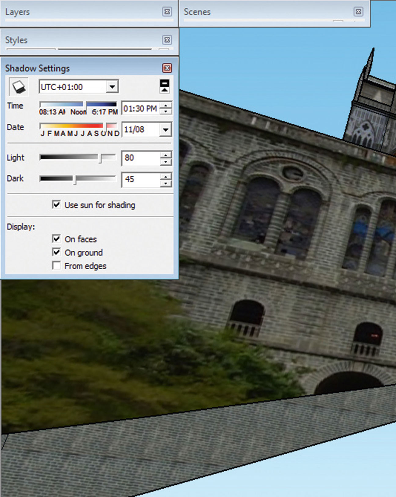 Shadow settings let you choose the location and time zone of your scene
