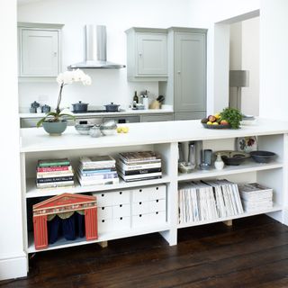 Open-plan kitchen with neatly organsied living room shelves at front