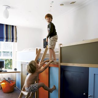 kids room with kids and white walls