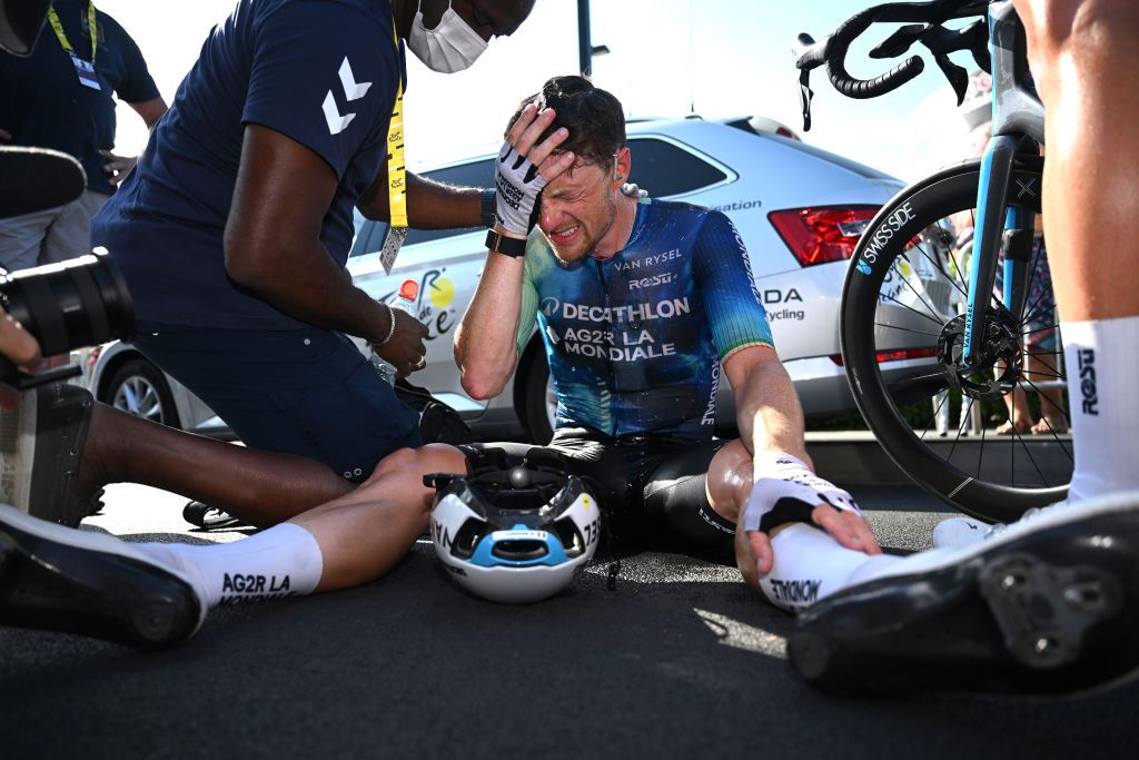 NIMES FRANCE JULY 16 Sam Bennett of Ireland and Decathlon AG2R La Mondiale Team reacts after the 111th Tour de France 2024 Stage 16 a 1886km stage from Gruissan to Nimes UCIWT on July 16 2024 in Nimes France Photo by Dario BelingheriGetty Images