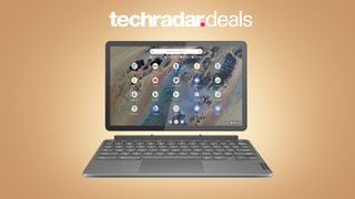 Lenovo IdeaPad Duet Chromebook on creme background