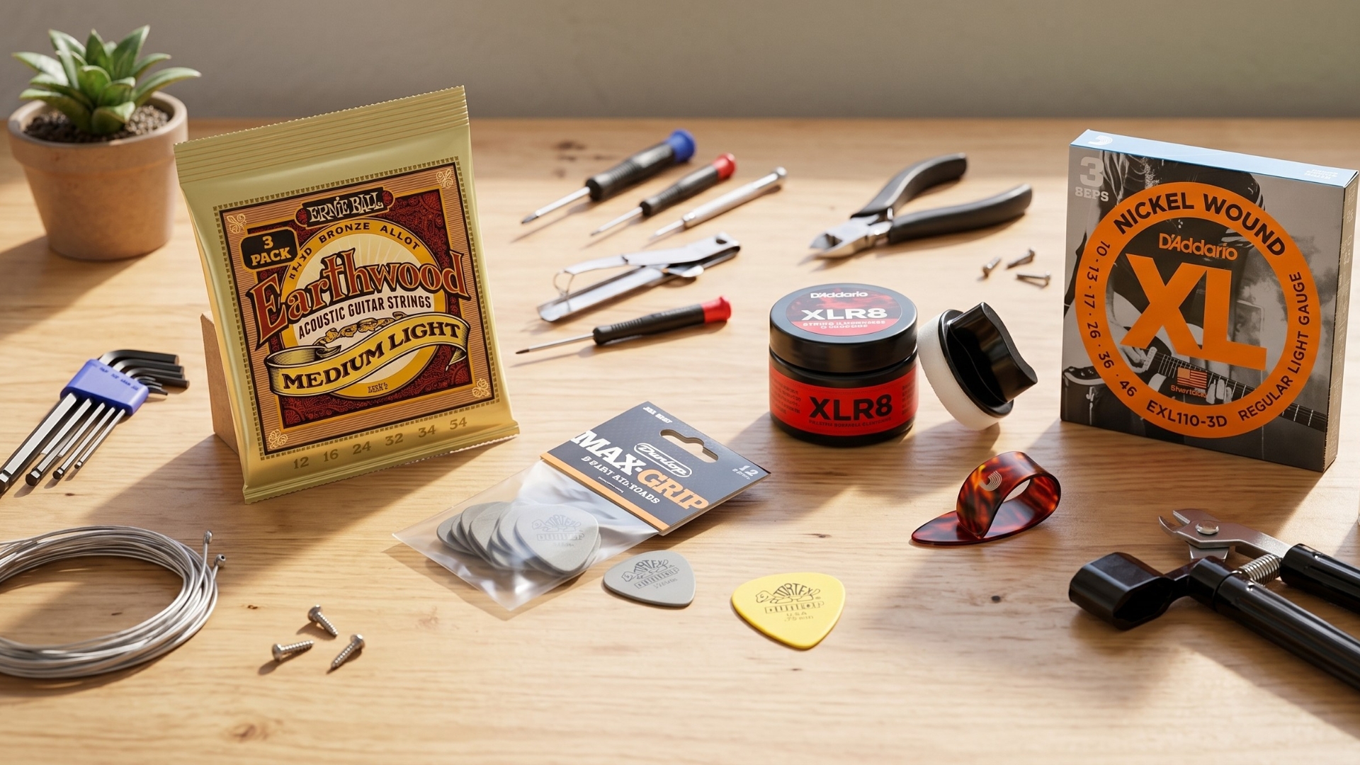 A selection of guitar accessories on a wooden table