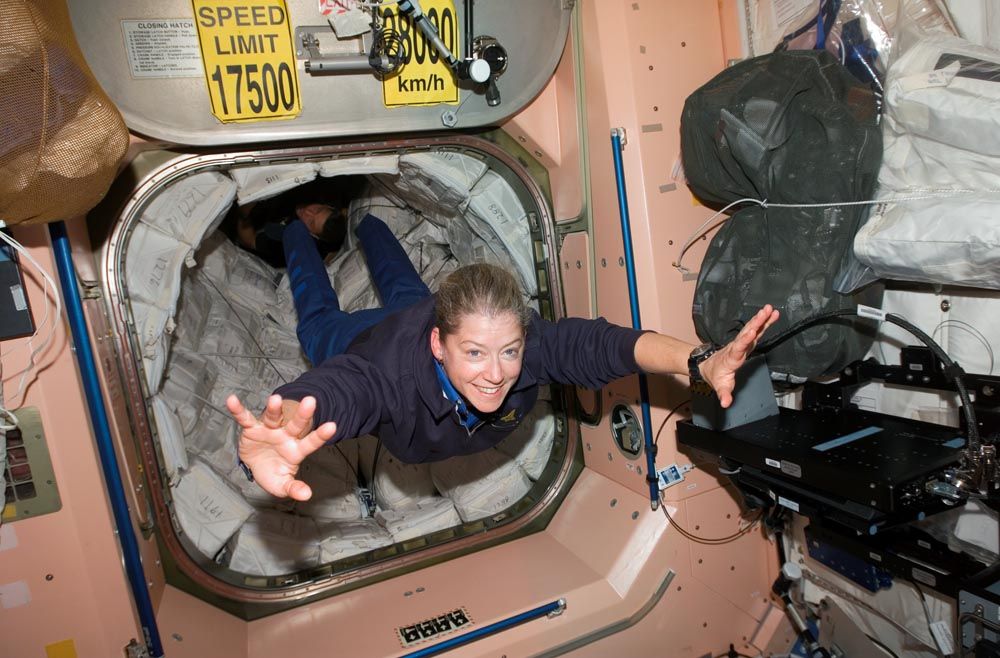 Astronaut and space shuttle commander Pam Melroy, floats into the Unity node of the International Space Station during NASA&#039;s STS-120 mission in 2007. Melroy will discuss space and diversity in a &quot;Virtual Astronaut&quot; presentation Oct. 24.