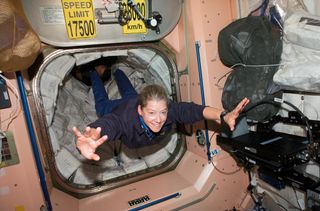 Astronaut and space shuttle commander Pam Melroy, floats into the Unity node of the International Space Station during NASA's STS-120 mission in 2007. Melroy will discuss space and diversity in a "Virtual Astronaut" presentation Oct. 24.
