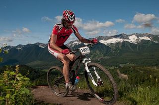 A racer in the inaugural Fernie 3-Day mountain bike stage race in the summer of 2011