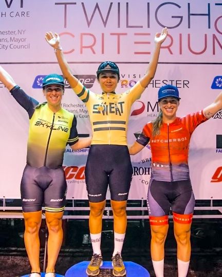 Women&#039;s podium at 2022 Rochester Twilight Criteriuim (L to R): runner-up Colleen Gulick, winner Mariana Valadez, third-placed Andrea Cyr