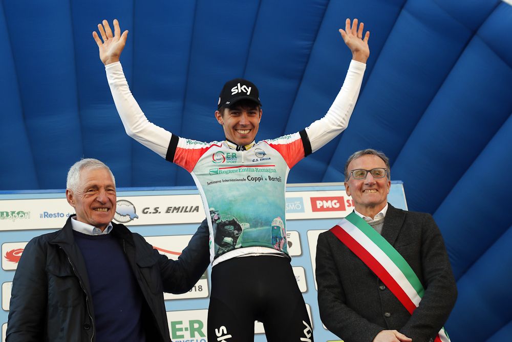Diego Rosa (Team Sky) in the leader's jersey at Coppi e Bartali