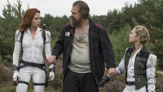 From left, Scarlett Johansson, David Harbour and Florence Pugh in &quot;Black Widow.&quot;