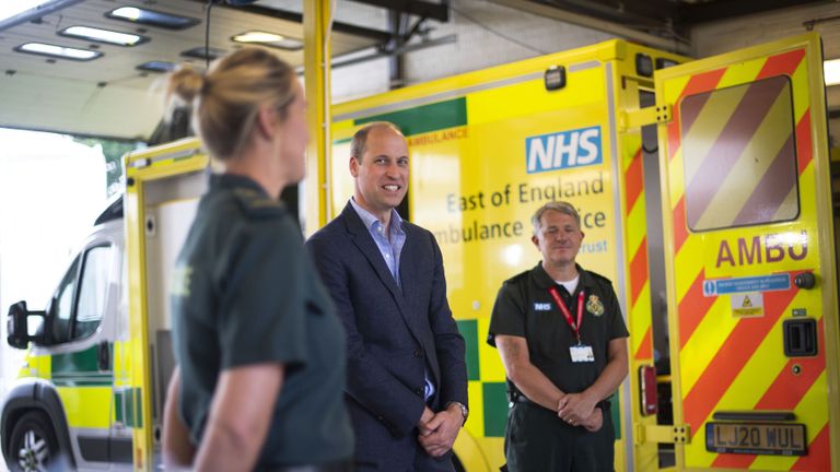 kings lynn, england june 16 prince william, duke of cambridge meets paramedic staff, maintaining social distancing, from the east of england ambulance service trust during a visit to the ambulance station on june 16, 2020 in kings lynn, england the purpose of the visit was to thank staff from the east of england ambulance service trust for their work and dedication responding to the covid 19 outbreak photo by victoria jones wpa poolgetty images