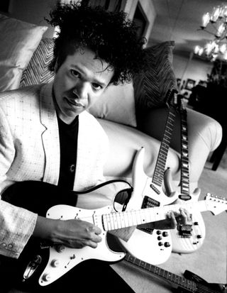 American guitarist and session musician Eddie Martinez poses for a portrait on March 3, 1989 in New York City, New York.