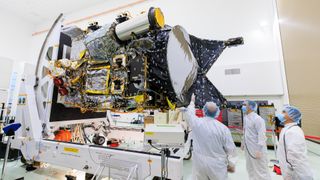 NASA’s Psyche spacecraft is shown in a clean room on June 26 at the Astrotech Space Operations facility near the agency’s Kennedy Space Center in Florida.
