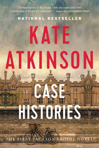 case histories by kate atkinson book cover with a castle and bicycle outside of it