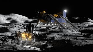 illustration of a small golden four-wheeled rover and a larger lander on the surface of the moon