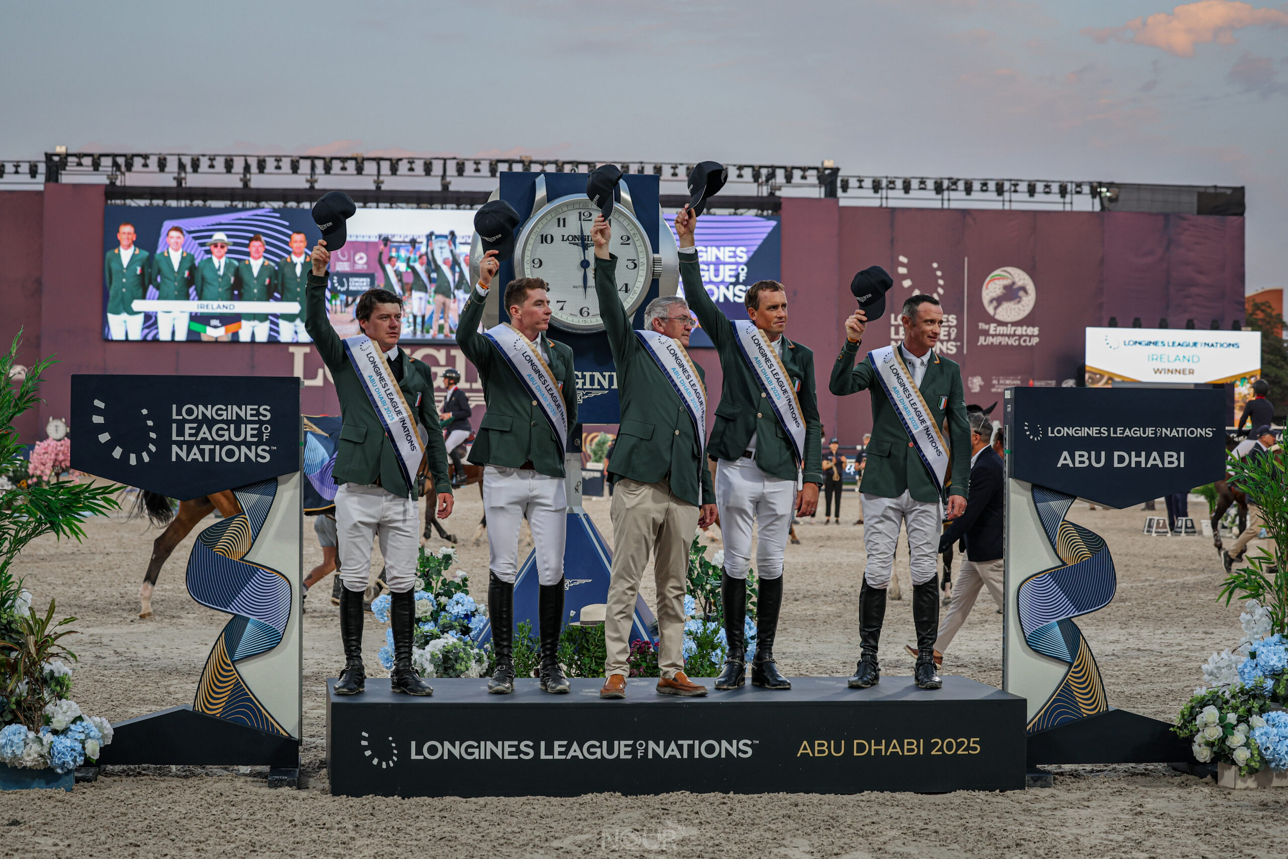 Ireland take to the podium after winning the Longines League of Nations in Abu Dhabi.