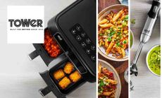 Tower logo placed over a collage of air fryer and food pictures