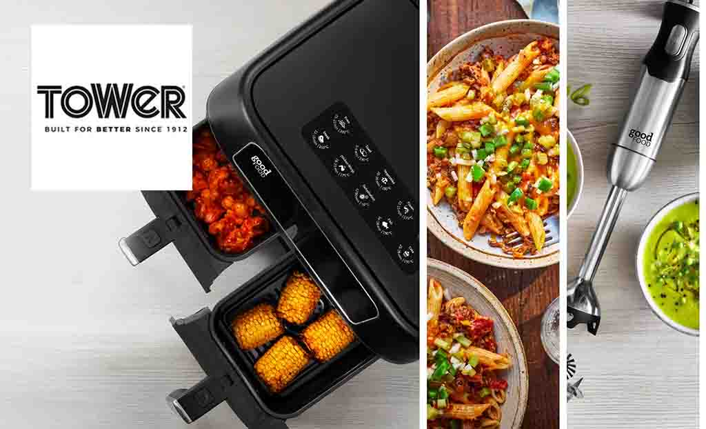 Tower logo placed over a collage of air fryer and food pictures