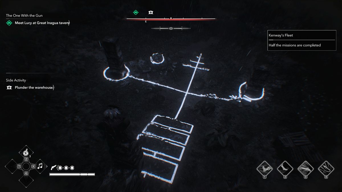 Black Flag Mayan stones: Edward crouched on top of the stele solving the puzzle in the ruins below.