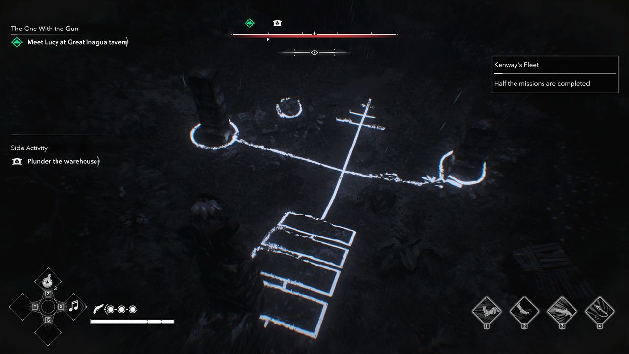 Black Flag Mayan stones: Edward crouched on top of the stele solving the puzzle in the ruins below.