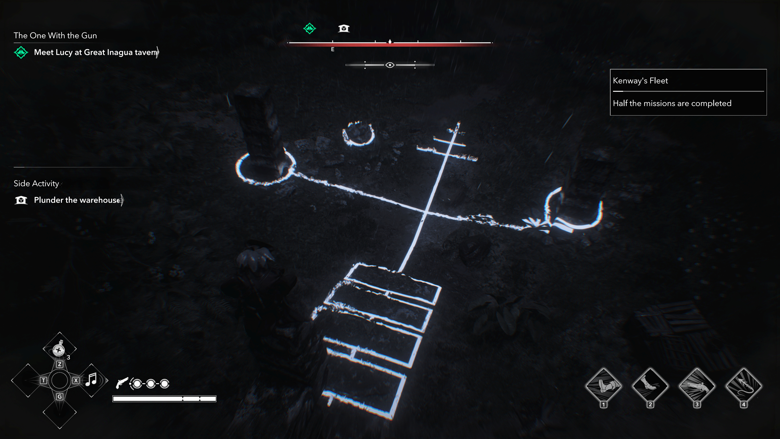 Black Flag Mayan stones: Edward crouched on top of the stele solving the puzzle in the ruins below.