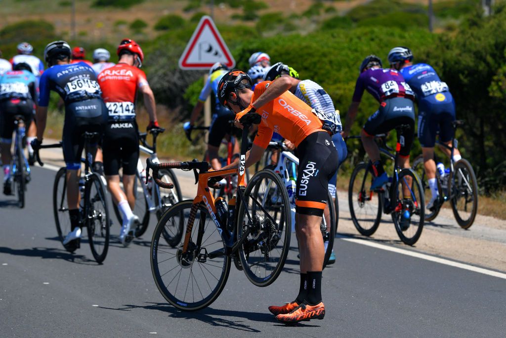 FOIA PORTUGAL MAY 06 Joan Bou Company of Spain and Team Euskaltel Euskadi are involved in an accident during the 47th Volta Ao Algarve 2021 Stage 2 a 1828km stage from Sagres to Fia 890m VoltAlgarve VAlgarve2021 on May 06 2021 in Fia Portugal Photo by Luc ClaessenGetty Images
