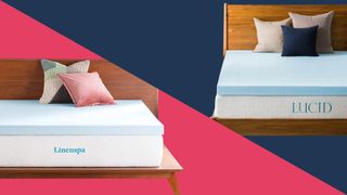 Linenspa vs Lucid mattress toppers: Linenspa topper on a red background and a Lucid topper on a navy background